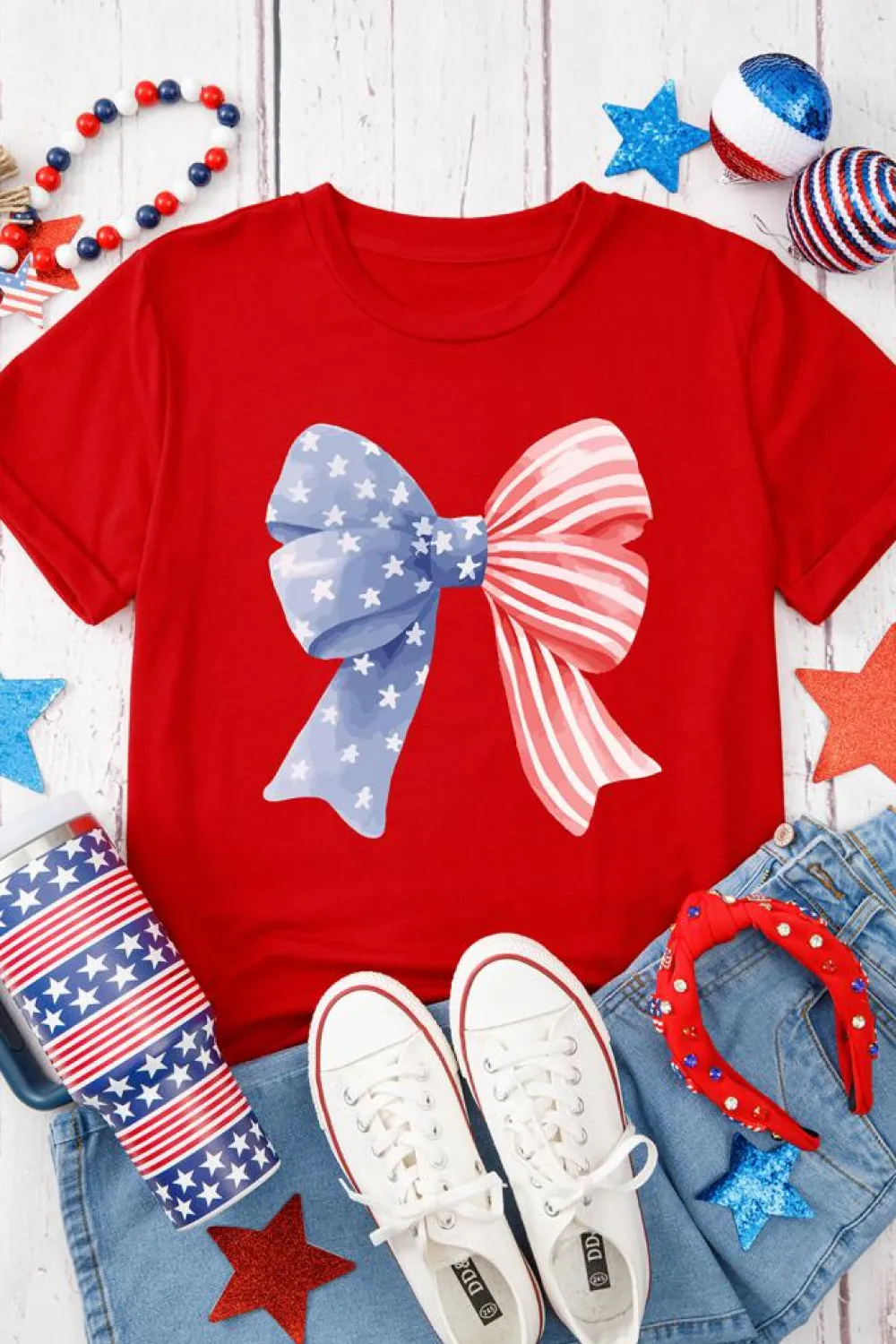 Clearance Dear-Lover Red Stars and Stripes Bow Print Independence Day T Shirt Red-2