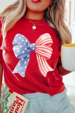 Clearance Dear-Lover Red Stars and Stripes Bow Print Independence Day T Shirt Red-2
