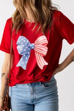 Clearance Dear-Lover Red Stars and Stripes Bow Print Independence Day T Shirt Red-2