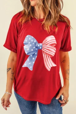 Clearance Dear-Lover Red Stars and Stripes Bow Print Independence Day T Shirt Red-2