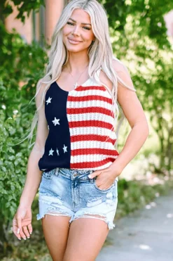 Outlet Dear-Lover Stars and Stripes Flag Pattern Knitted Tank Red