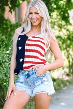 Outlet Dear-Lover Stars and Stripes Flag Pattern Knitted Tank Red