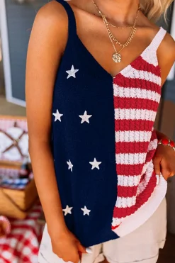 Outlet Dear-Lover Stars and Stripes Flag Pattern Knitted Tank Red