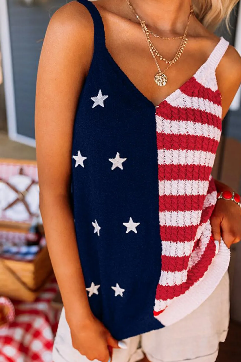 Outlet Dear-Lover Stars and Stripes Flag Pattern Knitted Tank Red