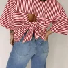 Fashion Dear-Lover Bowknot Cutout Back Drop Shoulder Wide Bracelet Sleeve Loose Tee Red Stripe