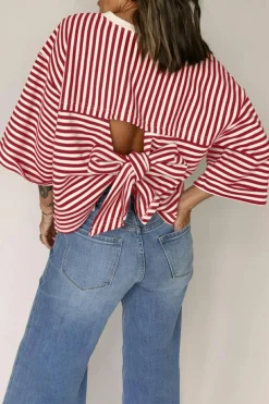 Fashion Dear-Lover Bowknot Cutout Back Drop Shoulder Wide Bracelet Sleeve Loose Tee Red Stripe