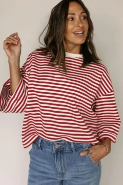 Fashion Dear-Lover Bowknot Cutout Back Drop Shoulder Wide Bracelet Sleeve Loose Tee Red Stripe