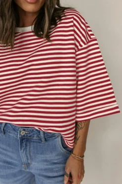 Fashion Dear-Lover Bowknot Cutout Back Drop Shoulder Wide Bracelet Sleeve Loose Tee Red Stripe