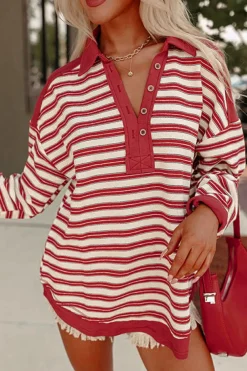Clearance Dear-Lover Buttoned V Neck Collared Drop Shoulder Top Red Stripe