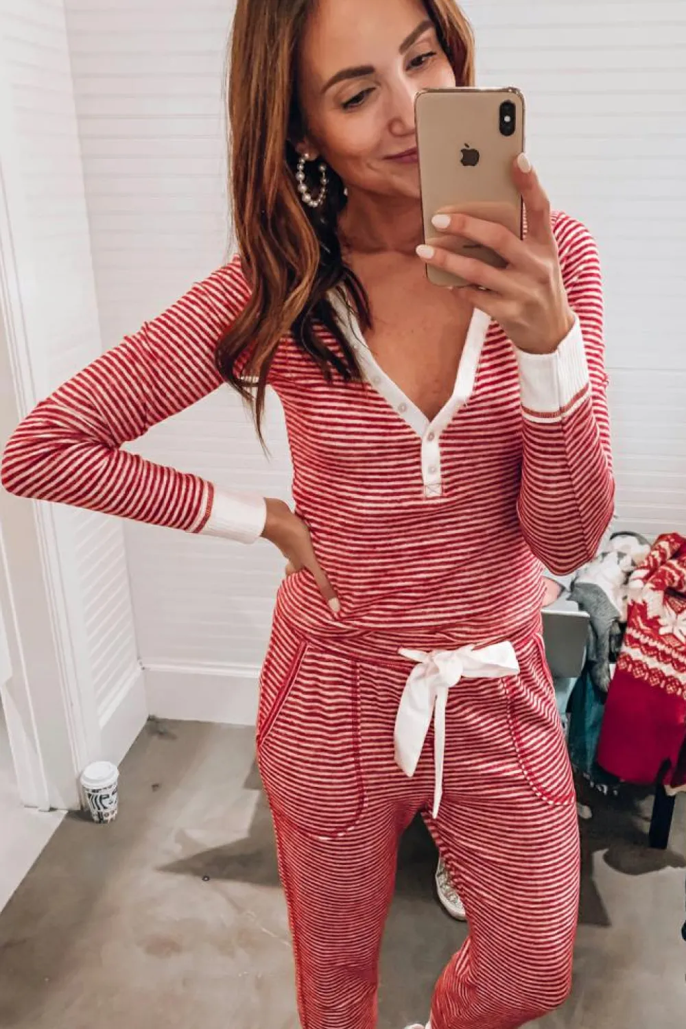Discount Dear-Lover Buttoned V Neck Top and Knotted Waist Pants Lounge Set Red Stripe