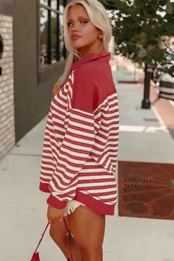Clearance Dear-Lover Buttoned V Neck Collared Drop Shoulder Top Red Stripe