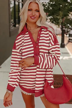 Clearance Dear-Lover Buttoned V Neck Collared Drop Shoulder Top Red Stripe
