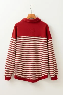 Clearance Dear-Lover Buttoned V Neck Collared Drop Shoulder Top Red Stripe