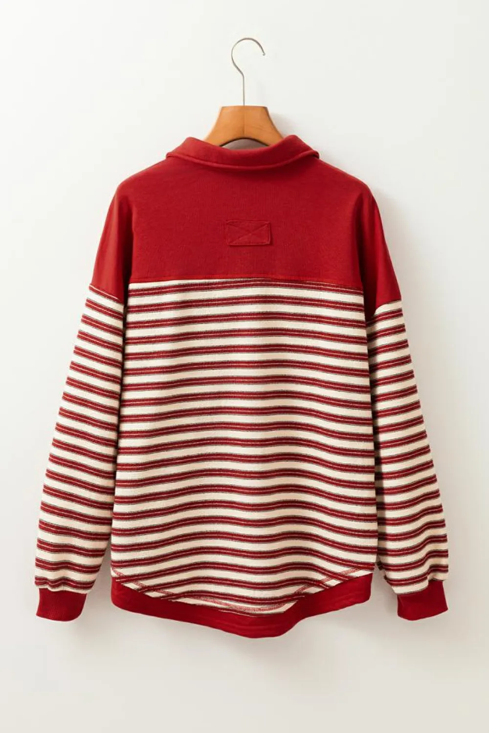 Clearance Dear-Lover Buttoned V Neck Collared Drop Shoulder Top Red Stripe