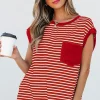 Clearance Dear-Lover Chest Pocket Patch Round Neck Tank Top Red Stripe