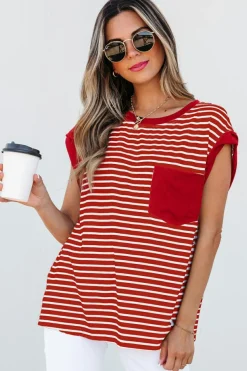 Clearance Dear-Lover Chest Pocket Patch Round Neck Tank Top Red Stripe