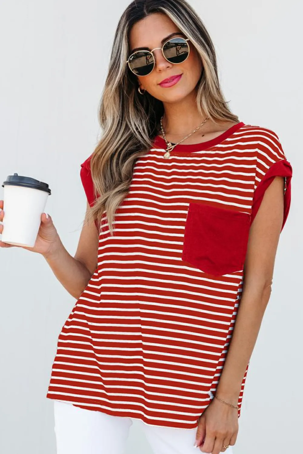 Clearance Dear-Lover Chest Pocket Patch Round Neck Tank Top Red Stripe