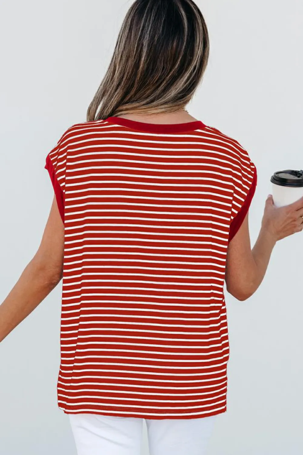 Clearance Dear-Lover Chest Pocket Patch Round Neck Tank Top Red Stripe
