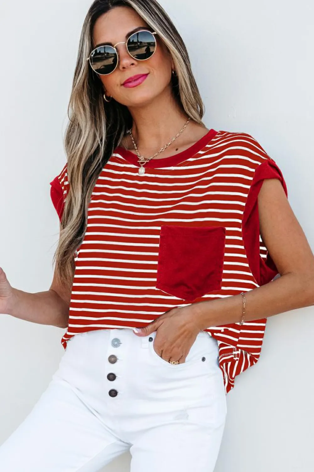 Clearance Dear-Lover Chest Pocket Patch Round Neck Tank Top Red Stripe