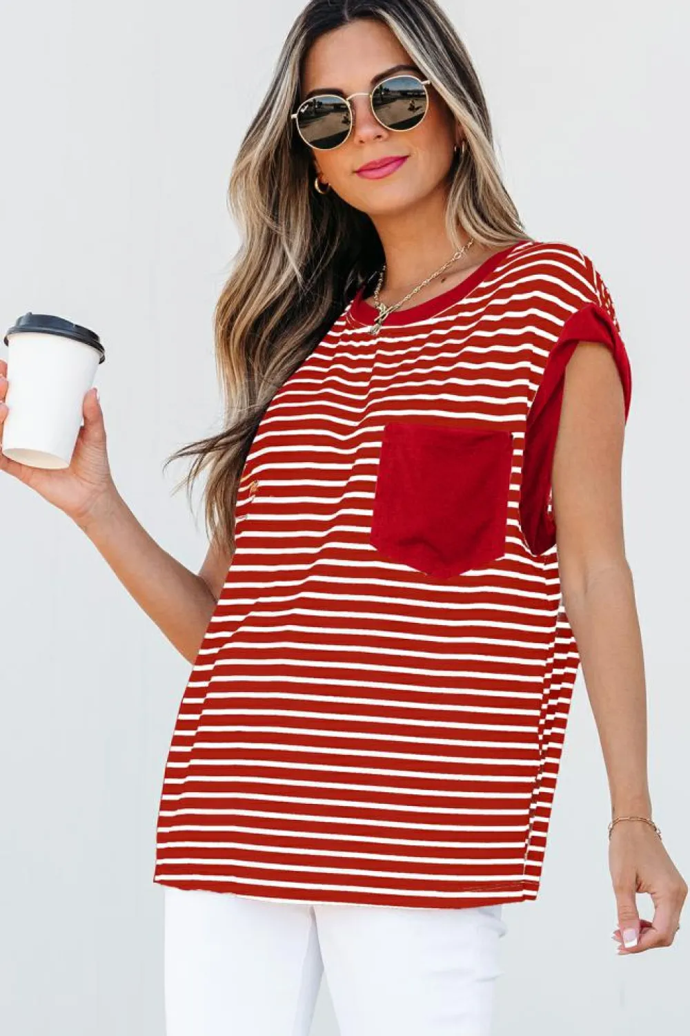 Clearance Dear-Lover Chest Pocket Patch Round Neck Tank Top Red Stripe