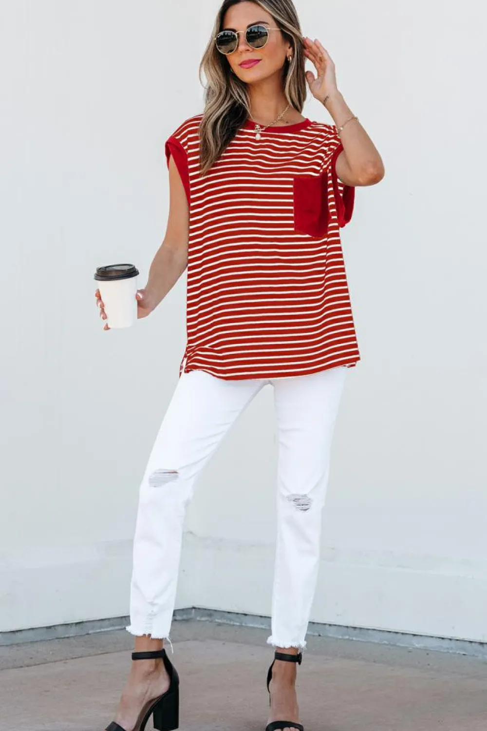 Clearance Dear-Lover Chest Pocket Patch Round Neck Tank Top Red Stripe