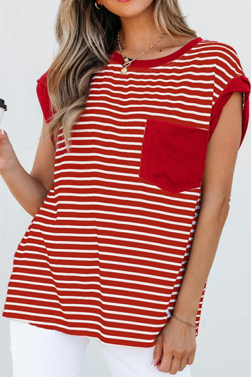 Clearance Dear-Lover Chest Pocket Patch Round Neck Tank Top Red Stripe