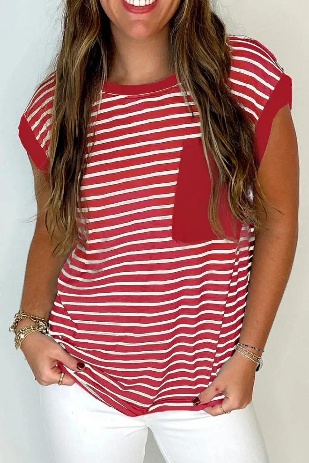 Clearance Dear-Lover Chest Pocket Patch Round Neck Tank Top Red Stripe
