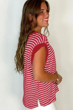 Clearance Dear-Lover Chest Pocket Patch Round Neck Tank Top Red Stripe