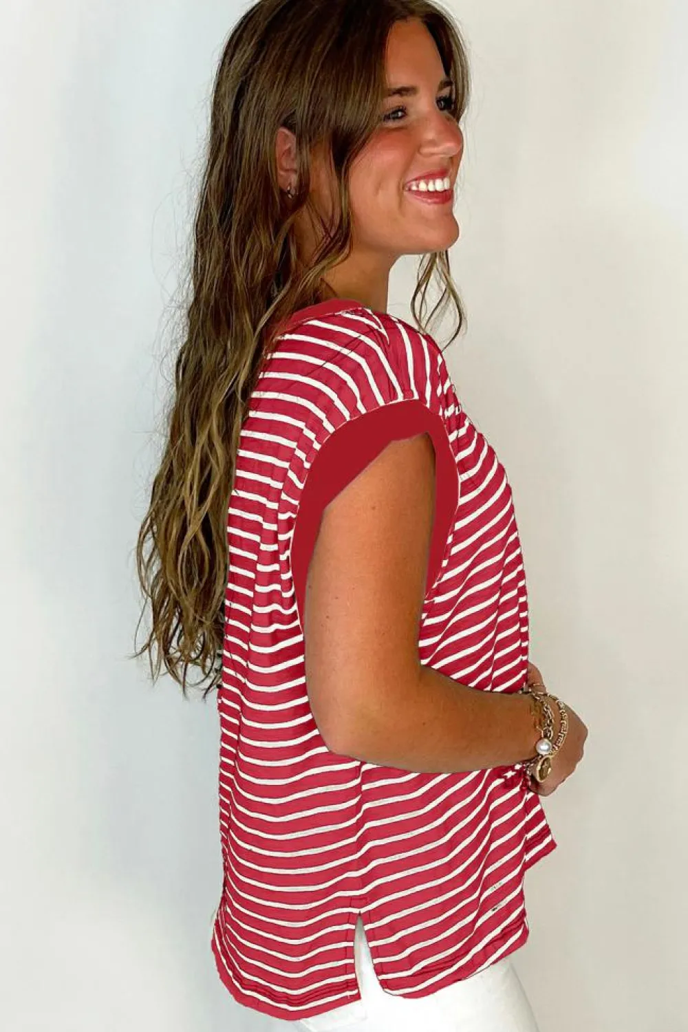Clearance Dear-Lover Chest Pocket Patch Round Neck Tank Top Red Stripe