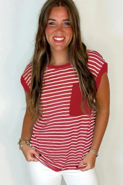 Clearance Dear-Lover Chest Pocket Patch Round Neck Tank Top Red Stripe