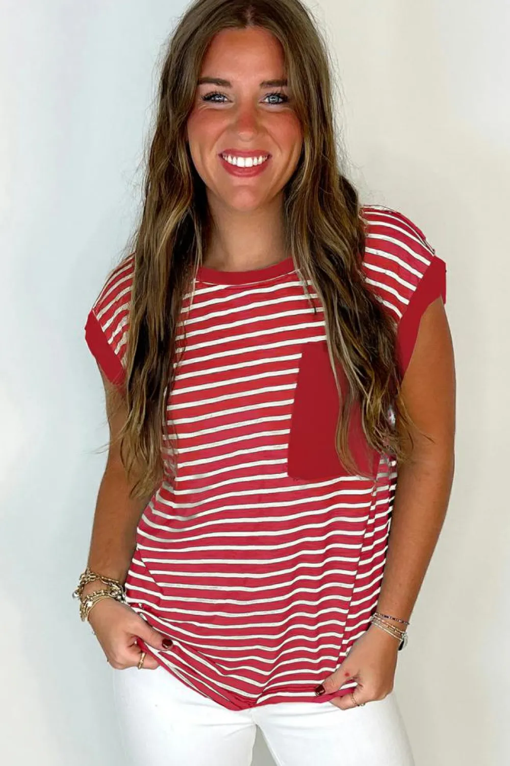 Clearance Dear-Lover Chest Pocket Patch Round Neck Tank Top Red Stripe