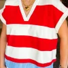 Clearance Dear-Lover Collar V Neck Cuffed Dolman Short Sleeve Top Red Stripe