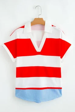 Clearance Dear-Lover Collar V Neck Cuffed Dolman Short Sleeve Top Red Stripe