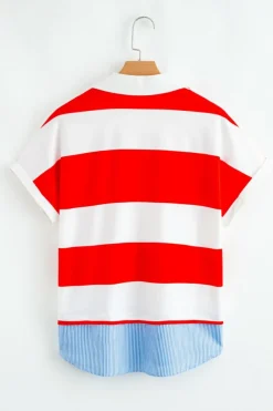 Clearance Dear-Lover Collar V Neck Cuffed Dolman Short Sleeve Top Red Stripe