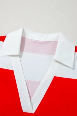Clearance Dear-Lover Collar V Neck Cuffed Dolman Short Sleeve Top Red Stripe