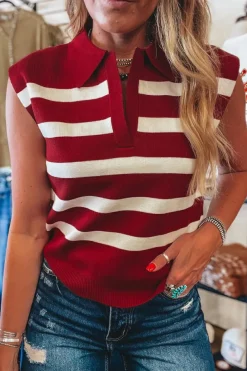 Discount Dear-Lover Collared Split Neck Sweater Vest Red Stripe
