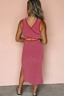 Clearance Dear-Lover Criss Cross Side Slits Slim Fit Sleeveless Midi Dress Red Stripe