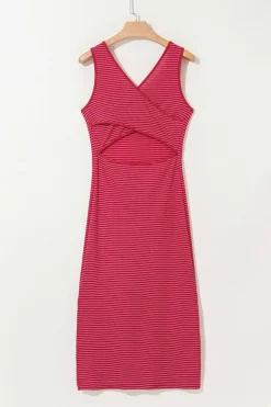 Clearance Dear-Lover Criss Cross Side Slits Slim Fit Sleeveless Midi Dress Red Stripe