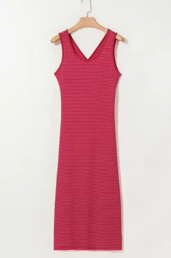 Clearance Dear-Lover Criss Cross Side Slits Slim Fit Sleeveless Midi Dress Red Stripe