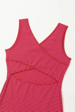 Clearance Dear-Lover Criss Cross Side Slits Slim Fit Sleeveless Midi Dress Red Stripe
