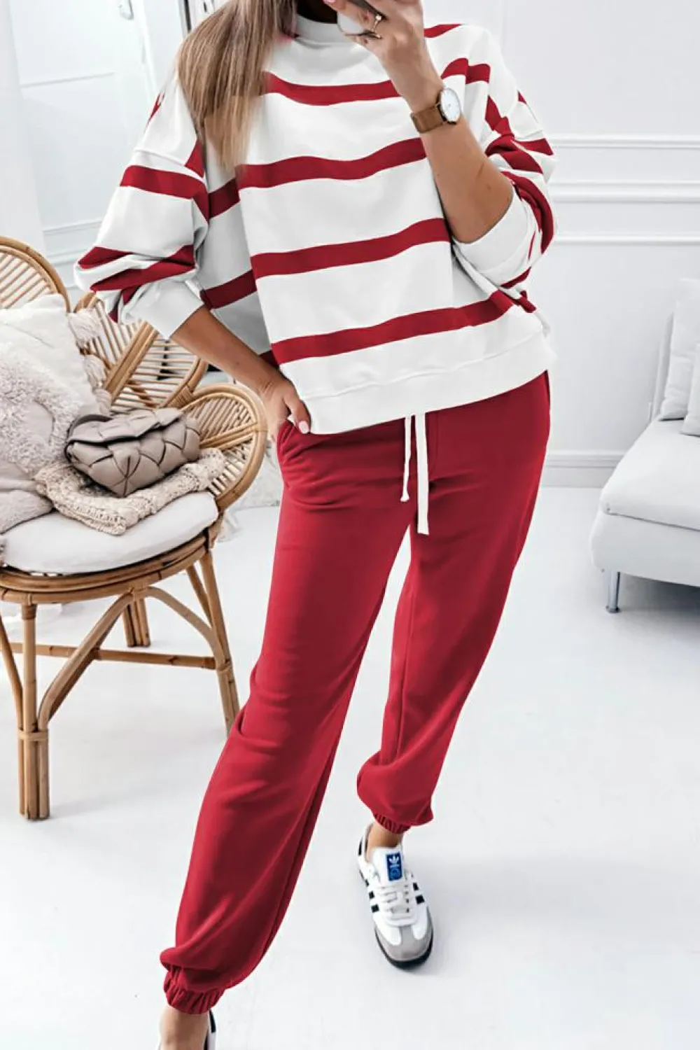 Fashion Dear-Lover Drop Shoulder Pullover and Jogger Pants Set Red Stripe