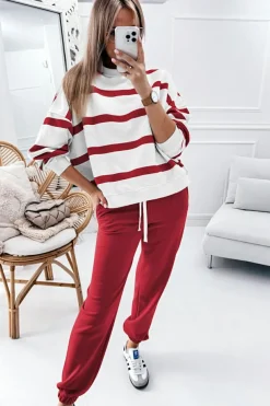 Fashion Dear-Lover Drop Shoulder Pullover and Jogger Pants Set Red Stripe