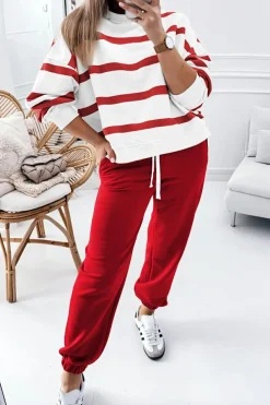 Fashion Dear-Lover Drop Shoulder Pullover and Jogger Pants Set Red Stripe