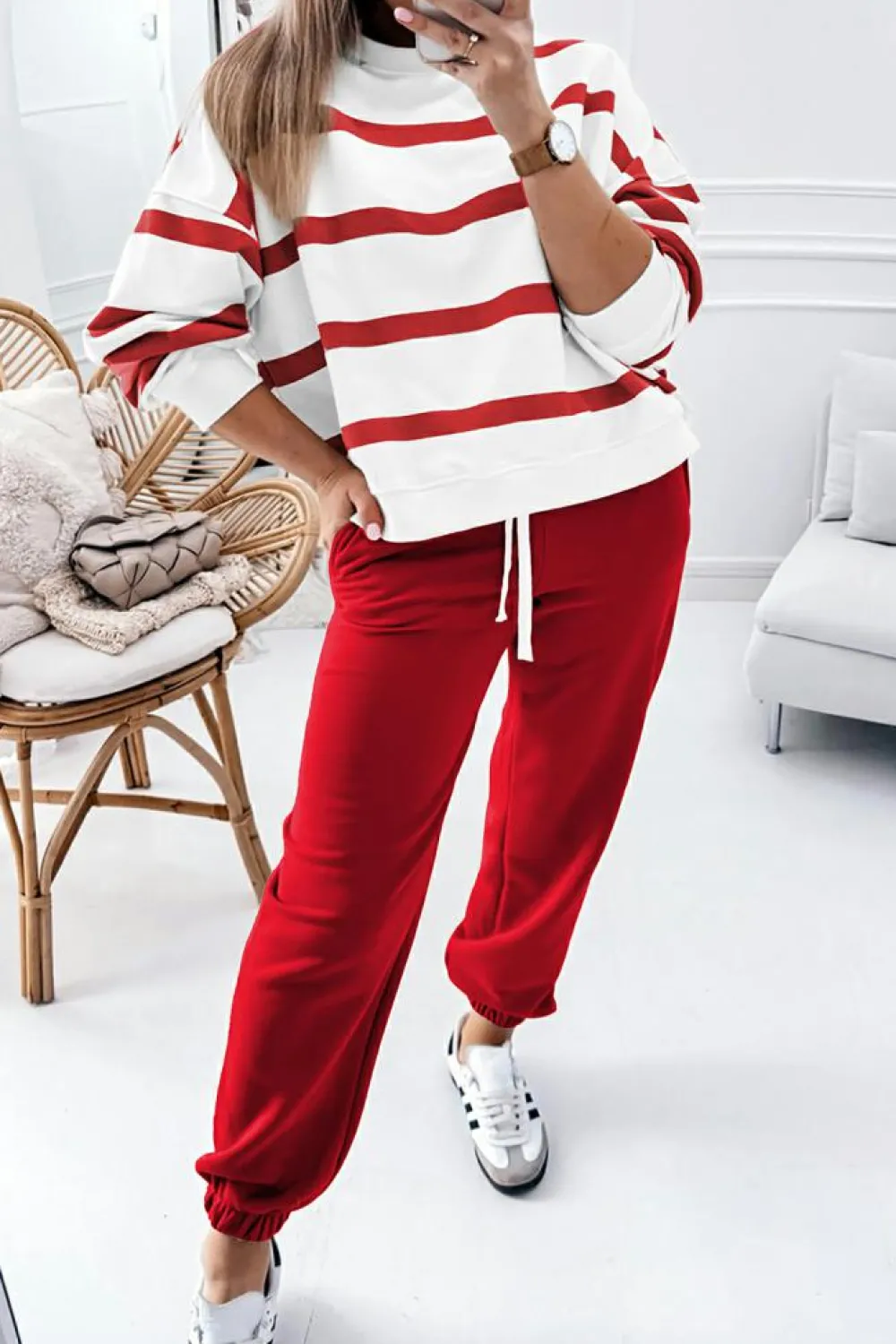 Fashion Dear-Lover Drop Shoulder Pullover and Jogger Pants Set Red Stripe