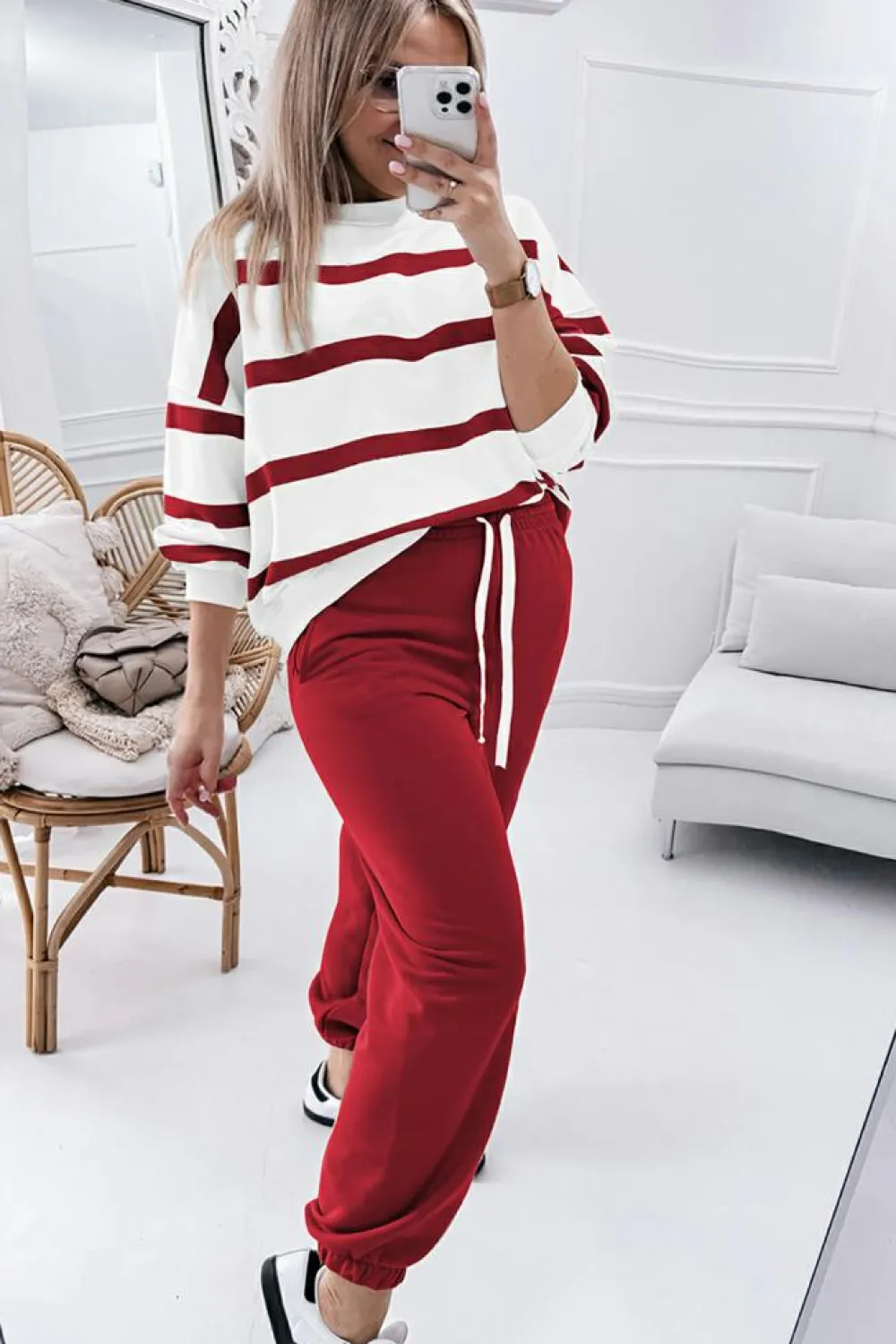 Fashion Dear-Lover Drop Shoulder Pullover and Jogger Pants Set Red Stripe