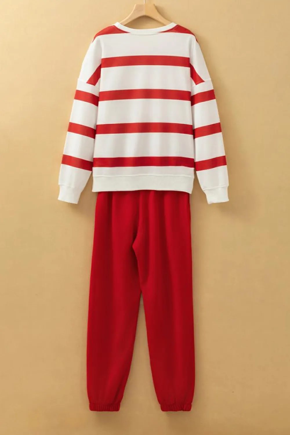 Fashion Dear-Lover Drop Shoulder Pullover and Jogger Pants Set Red Stripe