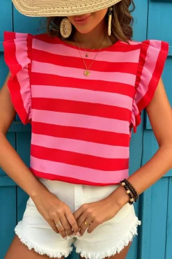 Fashion Dear-Lover Flutter Sleeve Round Neck T Shirt Red Stripe