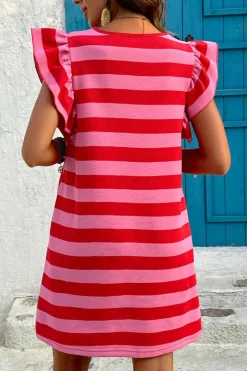 Discount Dear-Lover Flutter Sleeve Round Neck Shift Dress Red Stripe