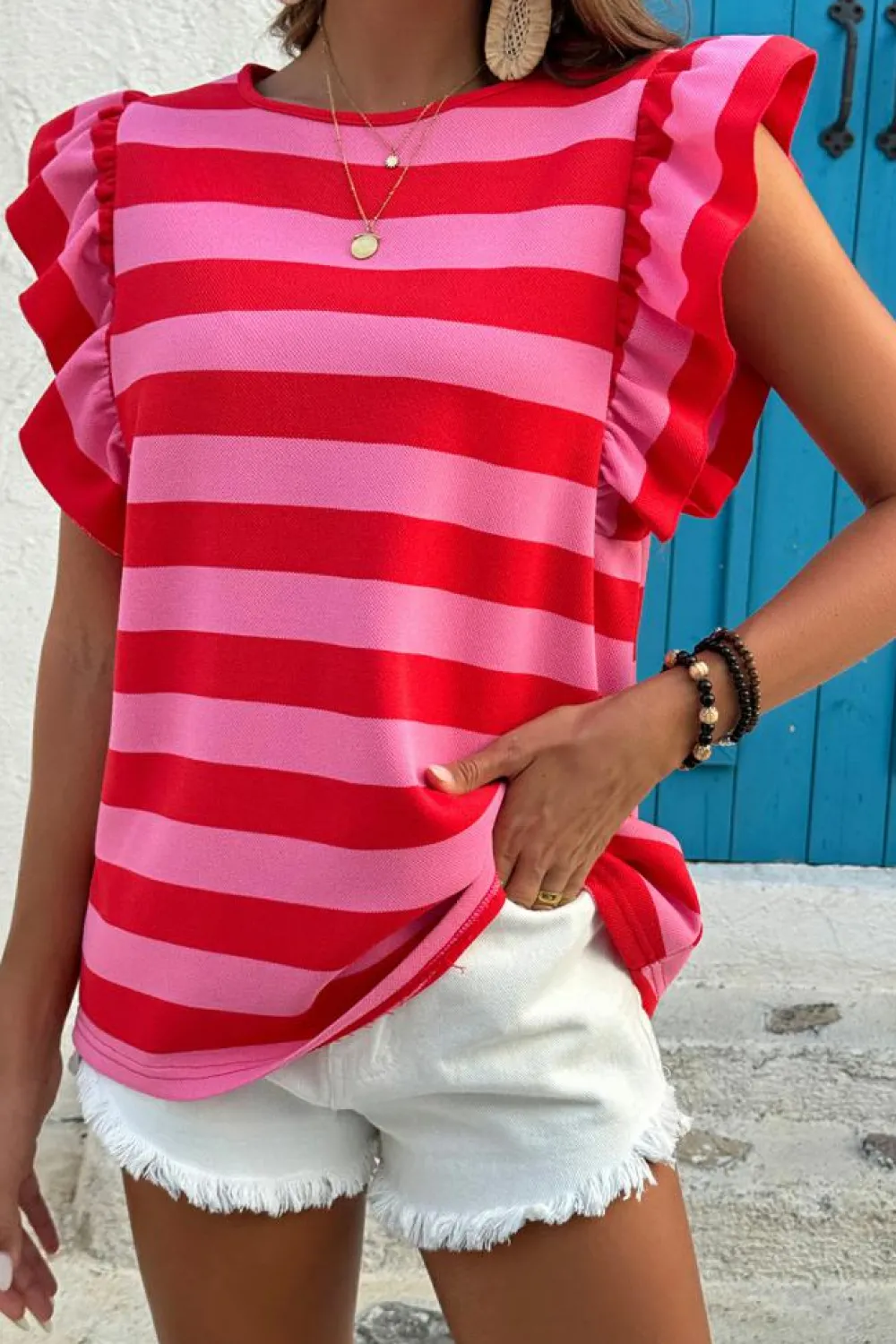 Fashion Dear-Lover Flutter Sleeve Round Neck T Shirt Red Stripe