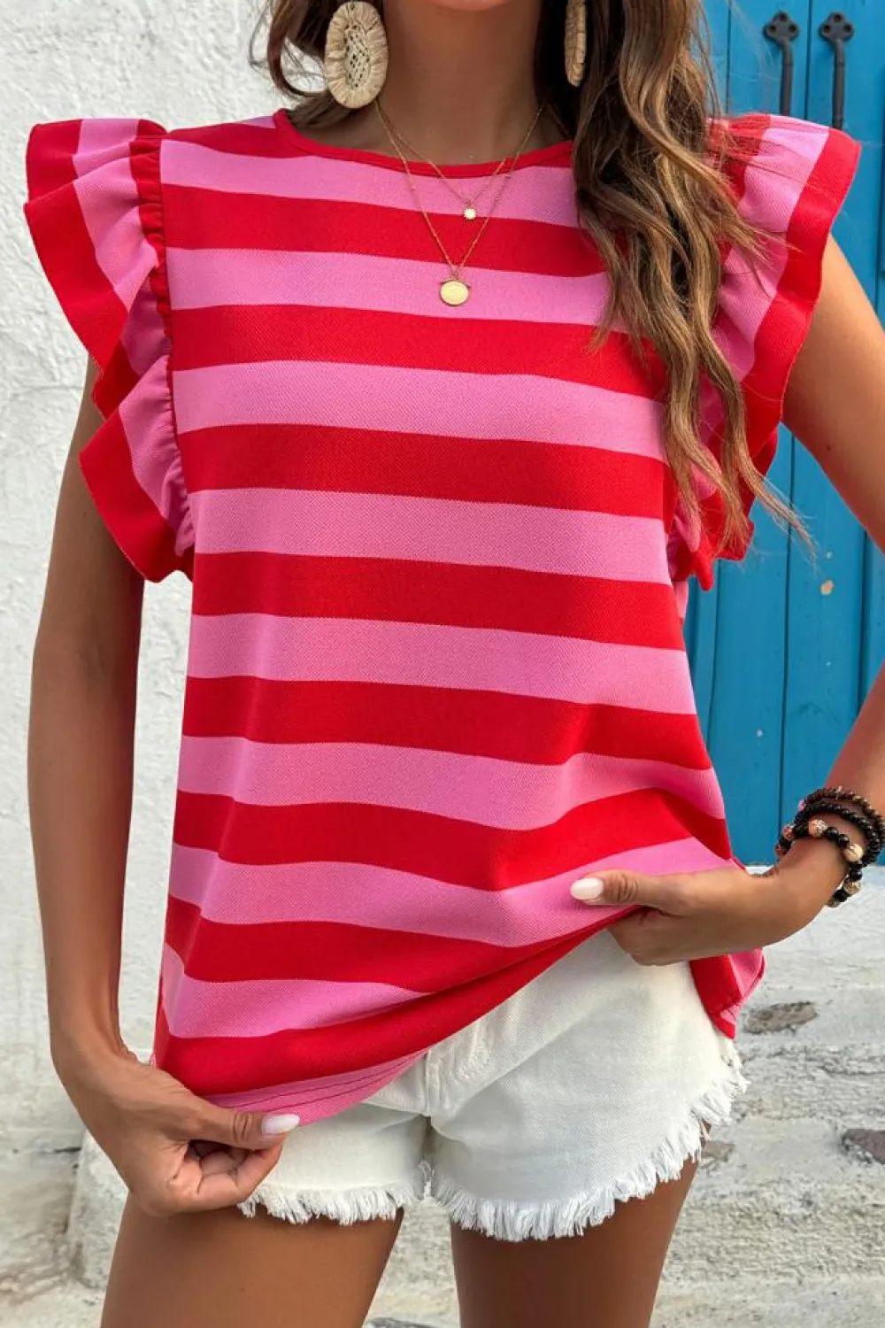 Fashion Dear-Lover Flutter Sleeve Round Neck T Shirt Red Stripe